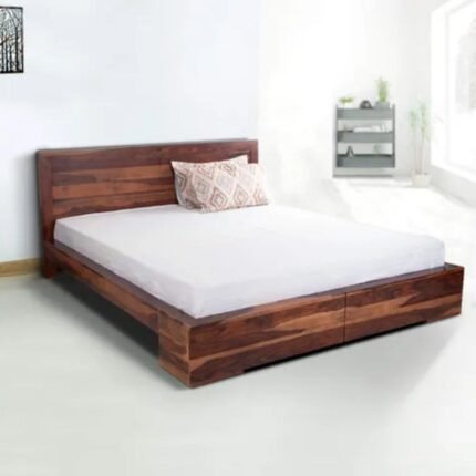 A minimalist solid wood queen-sized bed in a rich walnut finish featuring a streamlined headboard and tapered frame - Modera Furnish.