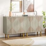 A modern white-grey solid wood sideboard featuring four doors with a geometric diamond slatted design and a sturdy matching base - Modera Furnish.