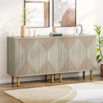 A modern white-grey solid wood sideboard featuring four doors with a geometric diamond slatted design and a sturdy matching base - Modera Furnish.