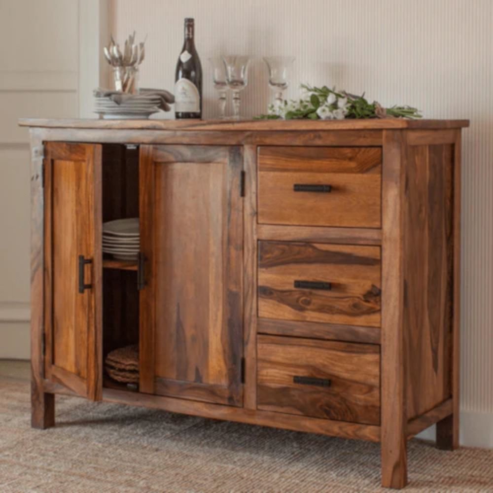 1 A glossy honey finish solid sheesham wood storage cabinet featuring three drawers and a double-door cupboard - Modera Furnish.