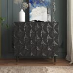 A bold obsidian black avant-garde media storage accent cabinet featuring high-relief 3D carved door patterns and tapered wood legs - Modera Furnish.