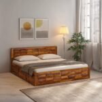 A honey finish solid sheesham wood king size bed with a geometric tiled headboard and box storage - Modera Furnish.