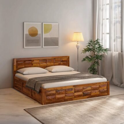 A honey finish solid sheesham wood king size bed with a geometric tiled headboard and box storage - Modera Furnish.