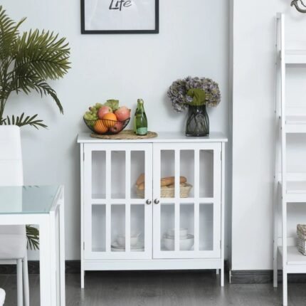 A white 2 door glass storage cabinet with a window-pane design and metallic knobs - Modera Furnish.