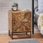 A sophisticated natural finish solid reclaimed wood accent cabinet featuring a hand-pieced 3D sunburst door and industrial metal sled base - Modera Furnish.