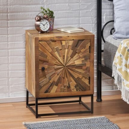 A sophisticated natural finish solid reclaimed wood accent cabinet featuring a hand-pieced 3D sunburst door and industrial metal sled base - Modera Furnish.