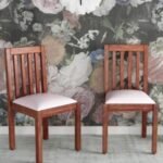 A brown solid sheesham wooden dining chair set featuring vertical slat backs and upholstered seats - Modera Furnish.