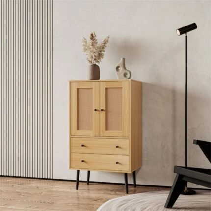 A natural finish solid wood sideboard cabinet featuring two cane-panel doors, two lower storage drawers, and tapered black legs - Modera Furnish.