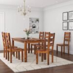 A six-seater sheesham wood dining set in a walnut finish featuring a 62-inch table and slat-back chairs - Modera Furnish.