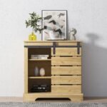 An antique brown wood storage cabinet featuring a black iron sliding barn door track, slatted door detailing, and three tiers of adjustable shelving - Modera Furnish.