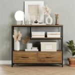 An industrial 39.3-inch console table with two drawers and staggered open shelves featuring a black iron frame and oak-finished wood - Modera Furnish.