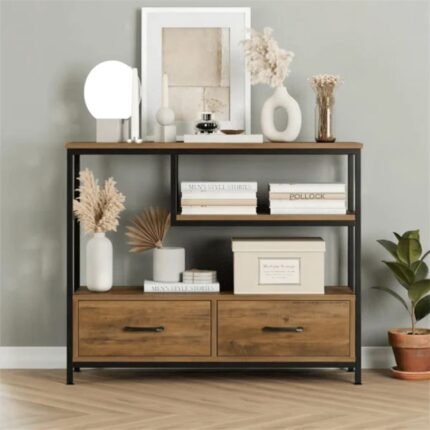 An industrial 39.3-inch console table with two drawers and staggered open shelves featuring a black iron frame and oak-finished wood - Modera Furnish.