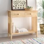 A natural light wood solid rubberwood console table featuring two drawers and a lower slatted shelf in a Mission-style design - Modera Furnish.
