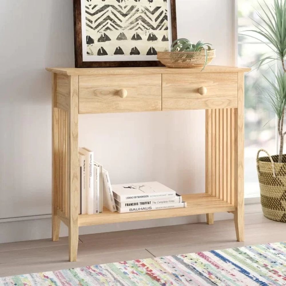 1 A natural light wood solid rubberwood console table featuring two drawers and a lower slatted shelf in a Mission-style design - Modera Furnish.