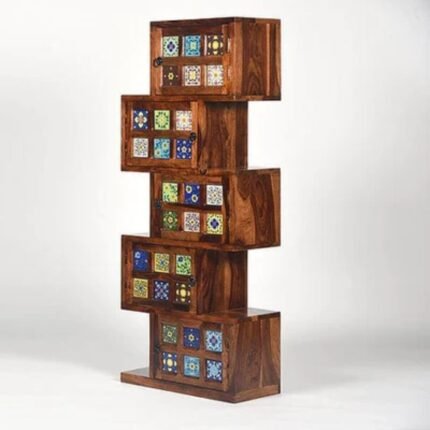 A handcrafted solid Sheesham wood bookshelf with a staggered design and hand-painted ceramic tile cupboard doors - Modera Furnish.
