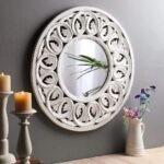 Handcrafted round white wood wall mirror with floral carvings and distressed finish - Modera Furnish