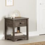 A brown solid wood bedside table featuring a single drawer with a silver knob and an open lower storage shelf - Modera Furnish.