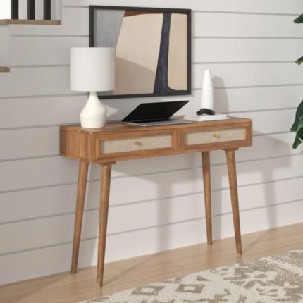 Solid wood study desk with cane drawer fronts in natural brown mid-century style - Modera Furnish
