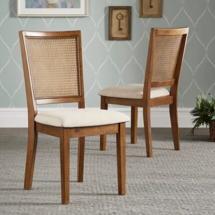 Solid wood dining chairs with natural cane backrest and distressed oak finish for dining spaces - Modera Furnish