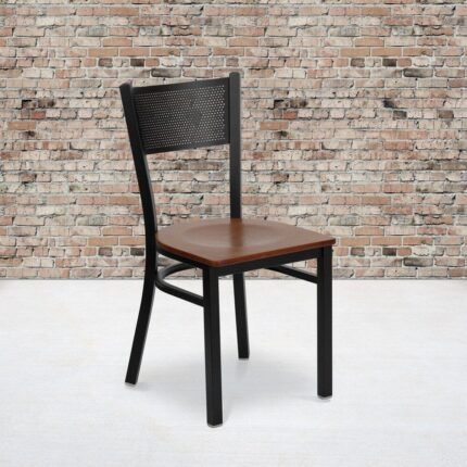 Modern solid wood and metal dining chair with perforated backrest in mahogany and black finish for contemporary interiors - Modera Furnish
