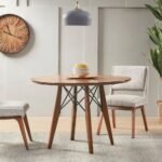 Classic round solid wood dining table in pecan finish with mid-century modern design – Modera Furnish.