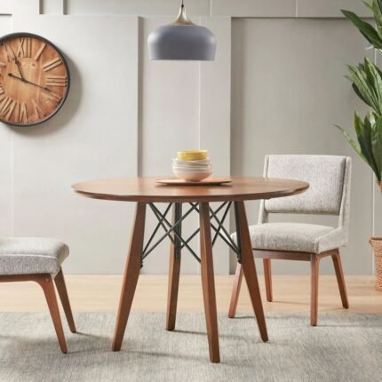 Classic round solid wood dining table in pecan finish with mid-century modern design – Modera Furnish.