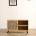 Natural solid wood shoe cabinet with cane door and open shelves for modern home storage – Modera Furnish