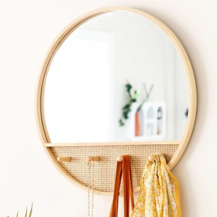 Wooden Round Wall Mirror with Hooks Tinka