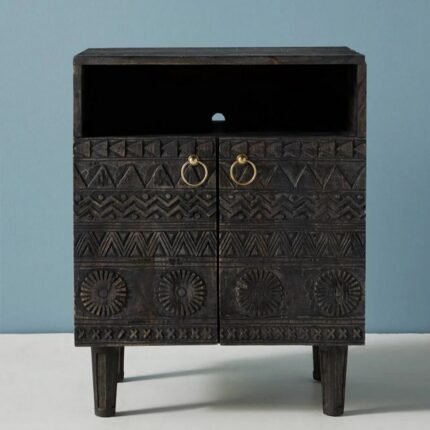 Black Carved Mango Wood Bed Side