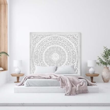 A large white hand-carved solid wood bed headboard for king size beds with intricate circular patterns - Modera Furnish.