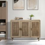 A brown wenge finish solid wood 3 door storage cabinet featuring natural cane-inlay doors and interior shelving - Modera Furnish.