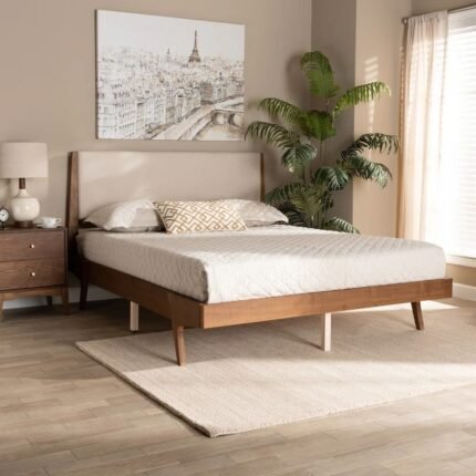 Mid-century solid wood platform bed with upholstered headboard in beige finish - Modera Furnish
