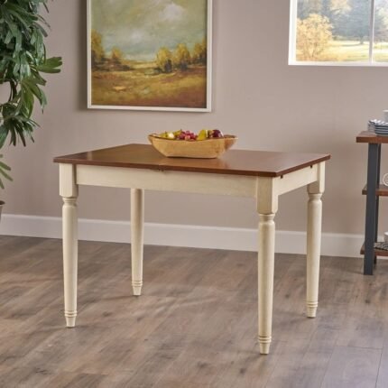 Traditional solid wood dining table with dark oak top and cream base for dining spaces - Modera Furnish
