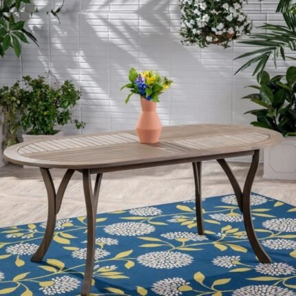 Stunning teak wood dining table in elegant gray finish with modern oval design – Modera Furnish