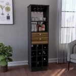 Luxury black solid wood bar cabinet with natural wood drawers, 12 wine cubbies, open shelves, and stem glass rack by Modera Furnish.