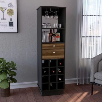 Luxury black solid wood bar cabinet with natural wood drawers, 12 wine cubbies, open shelves, and stem glass rack by Modera Furnish.