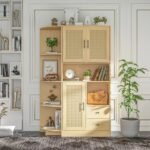 Modern tall cane-front solid wood modern storage cabinet in natural yellow finish – Modera Furnish