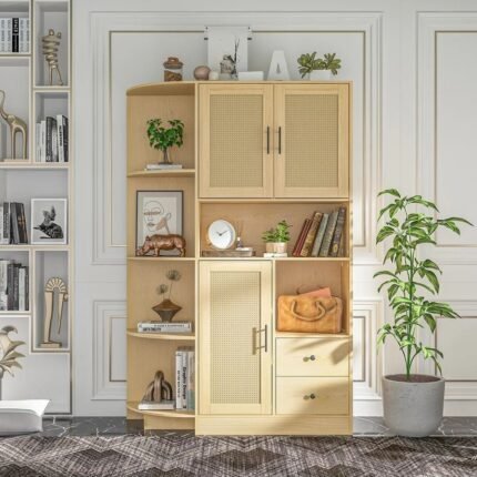 Modern tall cane-front solid wood modern storage cabinet in natural yellow finish – Modera Furnish