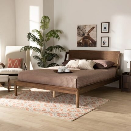 Mid-century solid wood bed with walnut finish and clean-lined frame for modern sleeping spaces - Modera Furnish