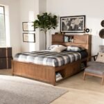Solid wood storage bed with headboard shelves and walnut brown finish for bedroom use - Modera Furnish