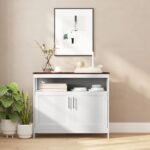 Elegant dual-tone walnut and white sideboard buffet with open and closed storage, perfect for dining and living spaces by Modera Furnish.