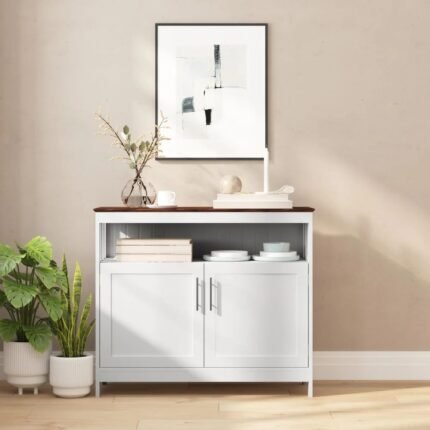 Elegant dual-tone walnut and white sideboard buffet with open and closed storage, perfect for dining and living spaces by Modera Furnish.