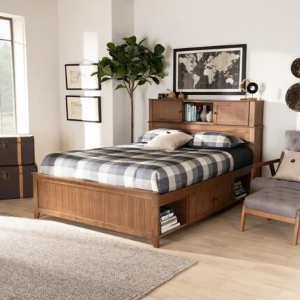 Solid wood storage bed with headboard shelves and walnut brown finish for bedroom use - Modera Furnish