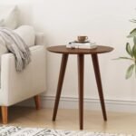 Mid-century round solid wood end table with tapered tripod legs in deep brown - Modera Furnish