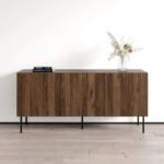 A sophisticated natural finish solid wood sideboard featuring 3D geometric etched doors, expansive triple-door storage, and industrial metal legs - Modera Furnish.