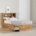 Solid wood elevated bed with headboard shelving and concealed storage drawers in a chestnut finish for modern interiors - Modera Furnish