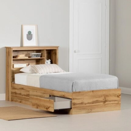 Solid wood elevated bed with headboard shelving and concealed storage drawers in a chestnut finish for modern interiors - Modera Furnish