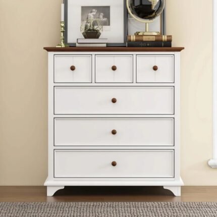 Stylish white painted 6-drawer wooden chest with natural top – Modera Furnish