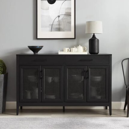 A bold black 56-inch solid wood sideboard console featuring two drawers and four poly-rattan mesh doors - Modera Furnish.