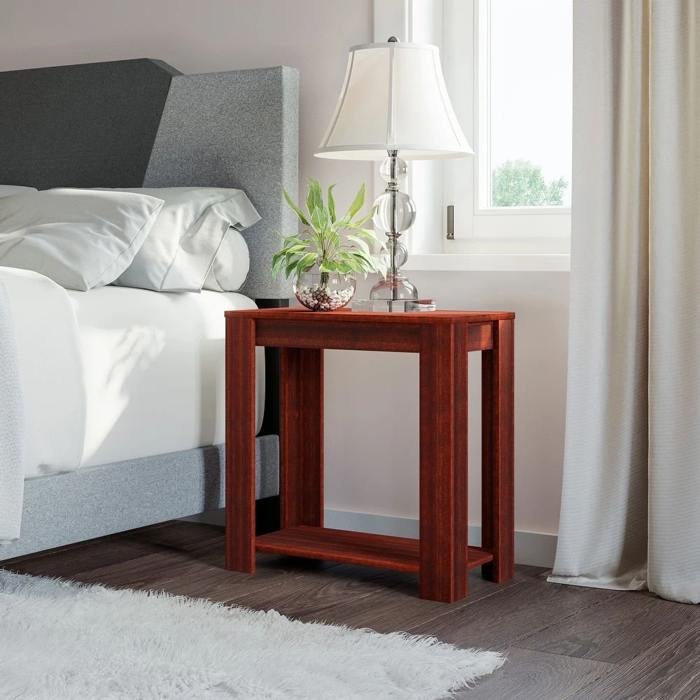 12 A classic deep brown solid wood bedside table with a slim profile and an open lower storage shelf - Modera Furnish.